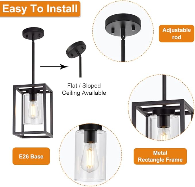 VINLUZ 1 Light Farmhouse Pendant Lighting Black Cage Chandelier Glass Shade Contemporary Modern Kitchen Island Lights Fixtures Ceiling Hanging Dining Room Living Room