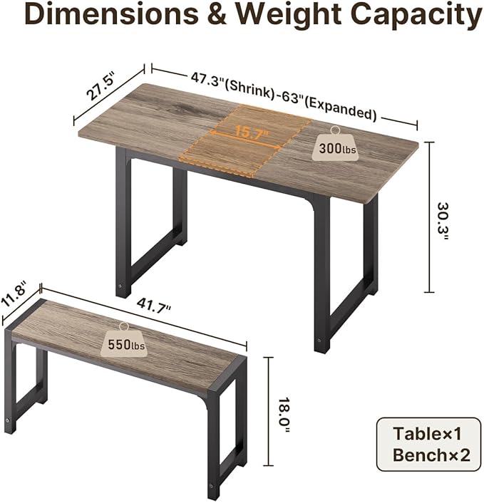 Gizoon 63” Kitchen Table Sets with 2 Benches Extendable Dining Table Set for Small Spaces Dining Room Table 4 Set Chairs for Kitchen Apartment Outdoor and Home Office, Gray