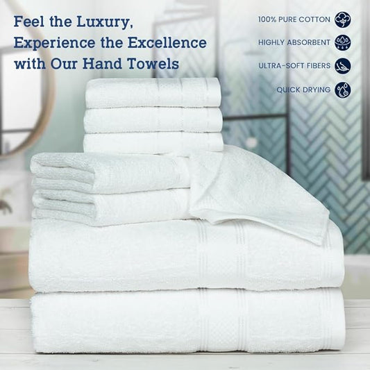 Casa Lino Bath Towel Set of 8 (2 Bath Towels, 4 Wash Cloths & 2 Hand Towels for Bathroom) - 100% Cotton - Highly Absorbent & Quick Dry - Guest Room Essentials for Bathroom Set - (White)