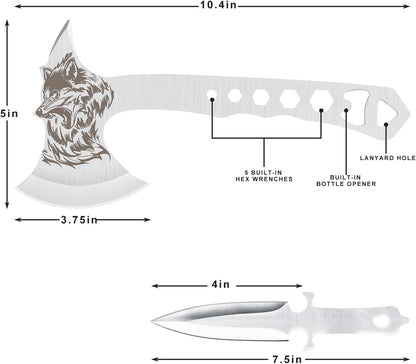 Throwing Axe and Tomahawk 3 Pack Protective Nylon Sheath with Built-in Corkscrew,10.4" Full Tang Stainless Steel Throwing Tomahawk Silver