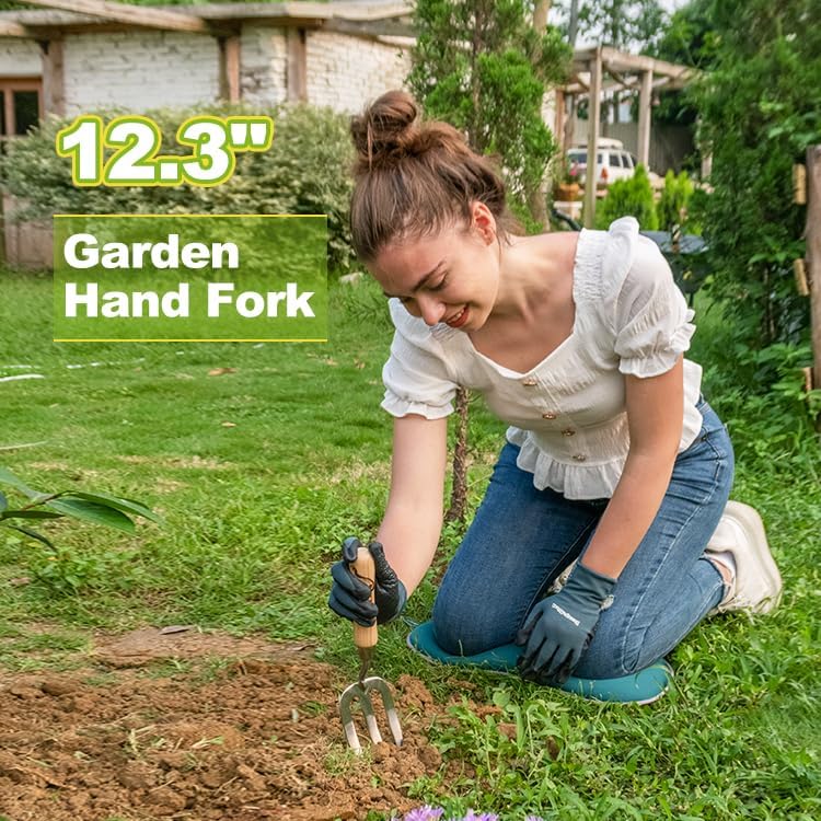 Berry&Bird Gardening Hand Fork, Stainless Steel Hand Weed Fork, Traditional Garden Hand Fork Tool with Ergonomic Ash Wood Handle for Weeding, Digging, Planting and Cultivating