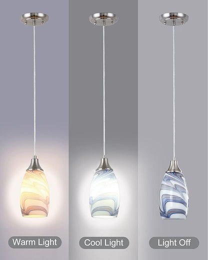 Mini Art Glass Pendant Lights Kitchen Island Blown Glass Pendant Lighting with Brushed Nickel Finish Adjustable Cord Ceiling Hanging Lamp for Hallway,Dining Room White and Dark Blue-1P