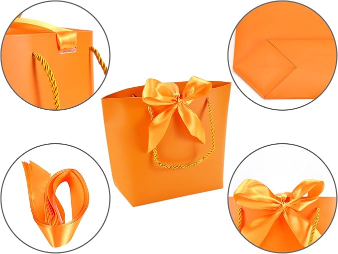 HUAPRINT Gift Bags with Handles,Party Favor Bags with Bow Ribbon,12Pcs Orange Paper Bags for Birthday Wedding Bridesmaid Present Celebration Holiday