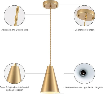 Brass Pendant Lights Kitchen Island,Gold Dining Room Light Fixtures Over Table with Cone Metal Shade, Modern Vintage Mini Chandeliers,Adjustable Cord Hanging Lighting for Bar,Sink.(1 Pack)