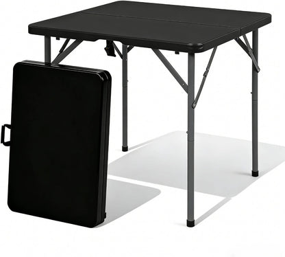34'' Square Folding Card Table with Built in Handle & Steel Legs Black | 353LBS Capacity Heavy Duty HDPE Carry Handle Easily Lift Indoor Outdoor Utility for Picnic, Camping, Party & Tailgate