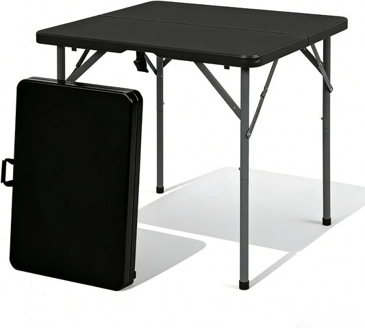 34'' Square Folding Card Table with Built in Handle & Steel Legs Black | 353LBS Capacity Heavy Duty HDPE Carry Handle Easily Lift Indoor Outdoor Utility for Picnic, Camping, Party & Tailgate