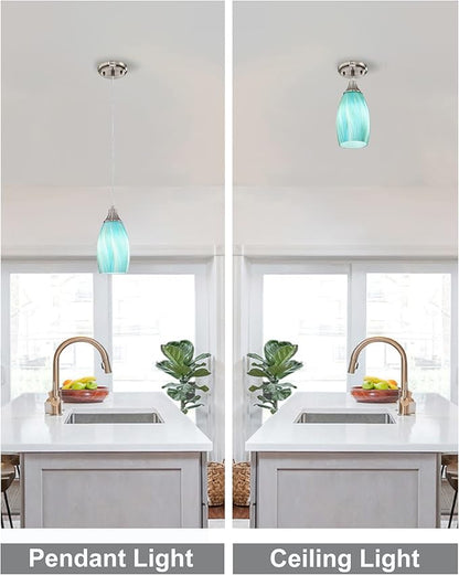 Mini Pendant Light,Handcrafted Art Glass Pendant Lighting Shade with Brushed Nickel Finished Teal Glass Ceiling Hanging lamp Adjustable Cord for Kitchen Island,Hallway,Dining Room