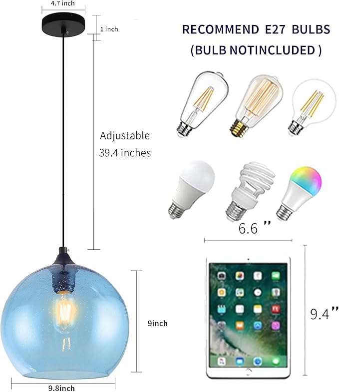 Blue Pendant Lights Kitchen Island Lighting Modern Globe Hand Blown Glass Pendant Light Ceiling Hanging Light fixtures for Kitchen Island Living Dining Room Light Fixture，9.8in 2Pack