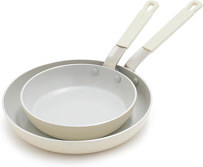 GreenPan x Bobby Flay 2 Piece- 8” and 10” Nonstick Frying Pan Skillet Set, PFAS-Free Diamond Ceramic, Induction Suitable, Stay-Cool Silicone Handle, Easy Clean Dishwasher & Oven Safe, Cream