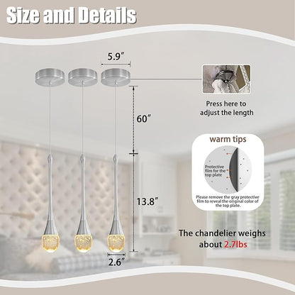 Modern Pendant Lights for Kitchen Island Silver Raindrop Crystal Hanging Light Fxitures Mini Pendant Light Fixture for Dining Room Bar Bedroom （3pack）