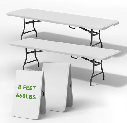 Folding Table 8 Foot - Heavy Duty 660LBS Capacity, Sturdy & Foldable Design with Safety Lock - Portable Tables Folding for Camping, Party, Indoor & Outdoor Use, 2 Pack