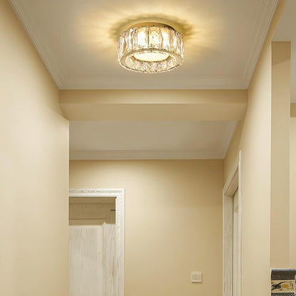Modern Dimmable LED Luxury Crystal Gold Flush Mount Ceiling Light Fixture,7.87 Inch 15W,3CCT,Mini Round Close to Ceiling Chandelier for Hallway,Kitchen,Laundry Room,Entryway