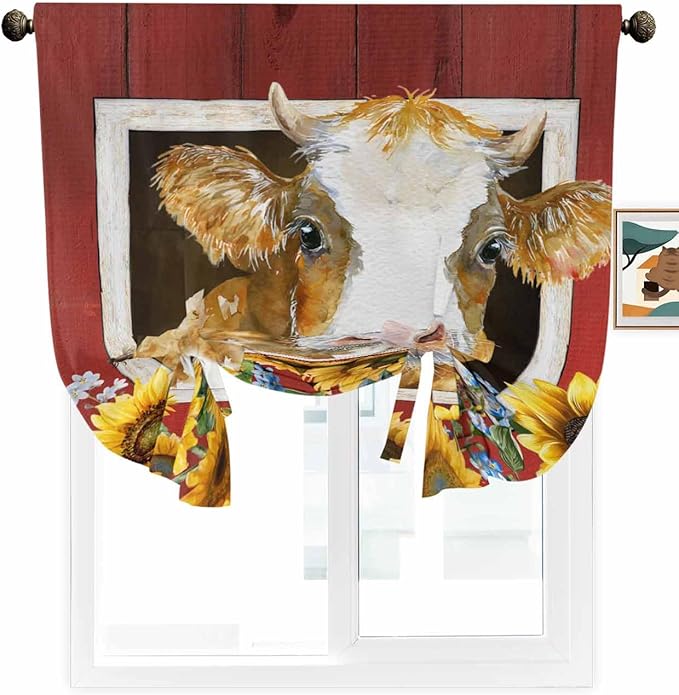 Tie Up Curtains for Windows, Cows Sunflowers Adjustable Balloon Nature Linen Textured Kitchen Curtain, Spring Floral Bees Farmhouse Barn Thermal Insulated Curtains for Window, 42" x 54"
