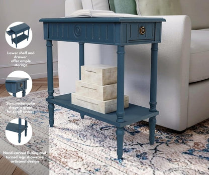 East at Main Handmade Solid Wood Narrow End Table with Drawer, Slim Blue Side Table for Bedroom, Living Room, or Entryway, Farmhouse Accent Furniture with Shelf and Turned Legs