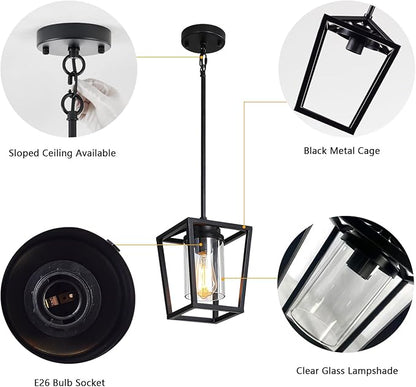 SGLfarmty 1-Light Black Pendant Lights Kitchen Island, Farmhouse Cage Metal Hanging Light Fixtures with Glass Shade，Adjustable Lantern Pendant Lighting for Dining Room, Entryway, Hallway