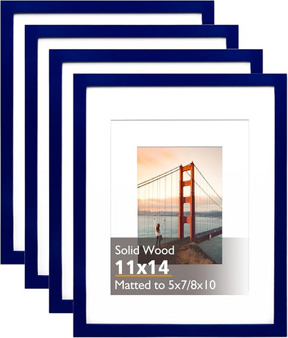KINLINK 11x14 Picture Frame Navy, Solid Wood Frames with Acrylic Plexiglass for Pictures 5x7/8x10 with Mat or 11x14 without Mat, Tabletop and Wall Mounting Display, Set of 4