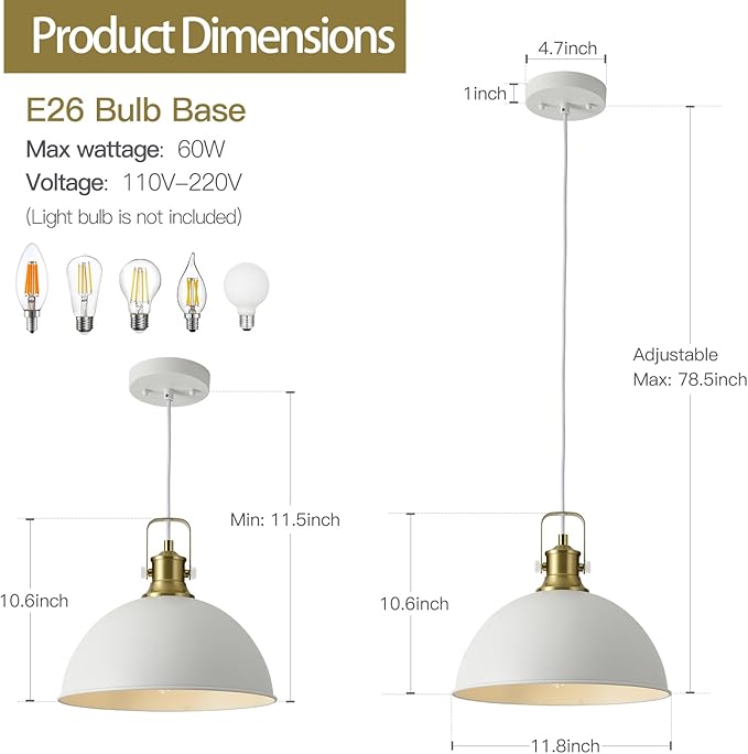 12 Inch White Farmhouse Pendant Lights for Kitchen Island Industrial Haning Lamp Adjustable Height Vintage Dome Hanging Light Fixtures for Barn, Dining Room