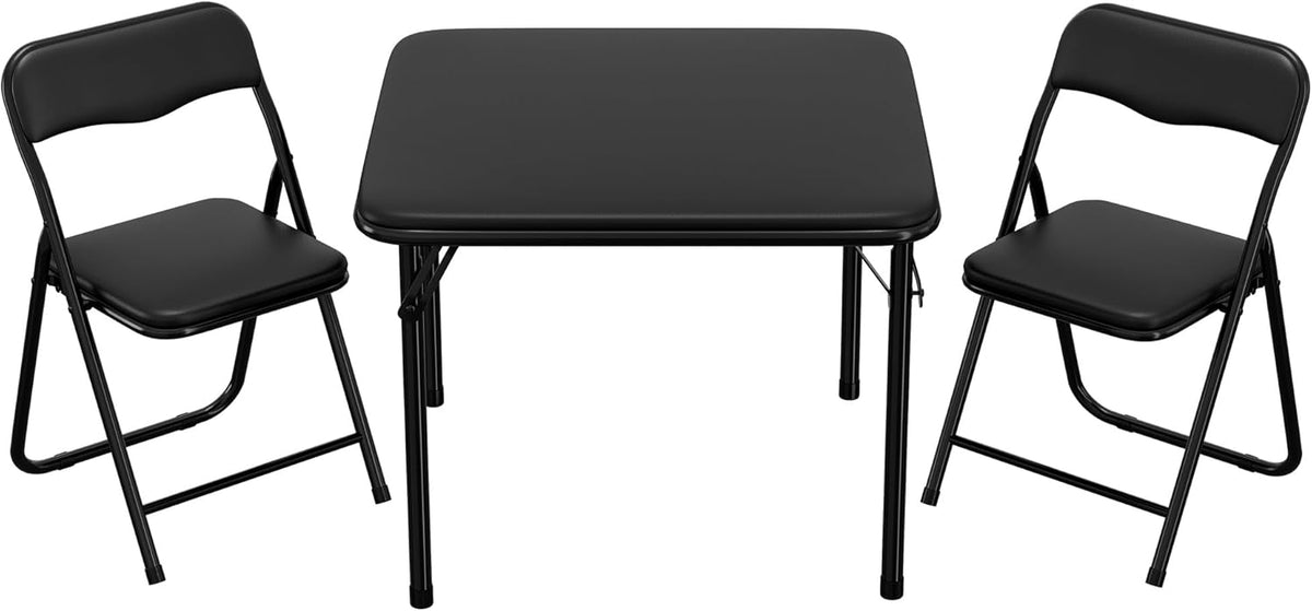 IDEALHOUSE Boys and Girls Folding Table and Chairs Set of 3, Portable Table and Chair with Pu Soft Cushion,Suitable for Eating,Reading and Playing (Black)