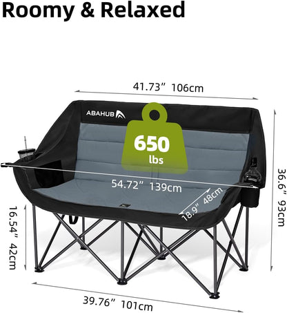 Abahub 2-Person Folding Camping Chair Loveseat Couch Chairs, 650 LBS Portable Quad Fold for Outdoor Camping, Lawn, Backyard, Patio, Tailgating, Sports, Soccer Games & Beach Days Black Grey