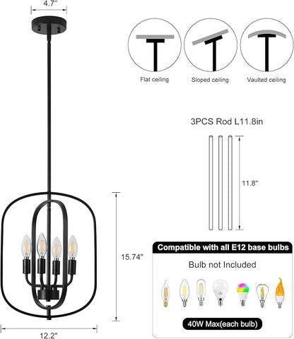 Small Modern Black Chandelier for Foyer, 4 Light Industrial Entryway Lighting Fixtures,Farmhouse Pendant Light for Kitchen Island Stairway Hallway Dining Room