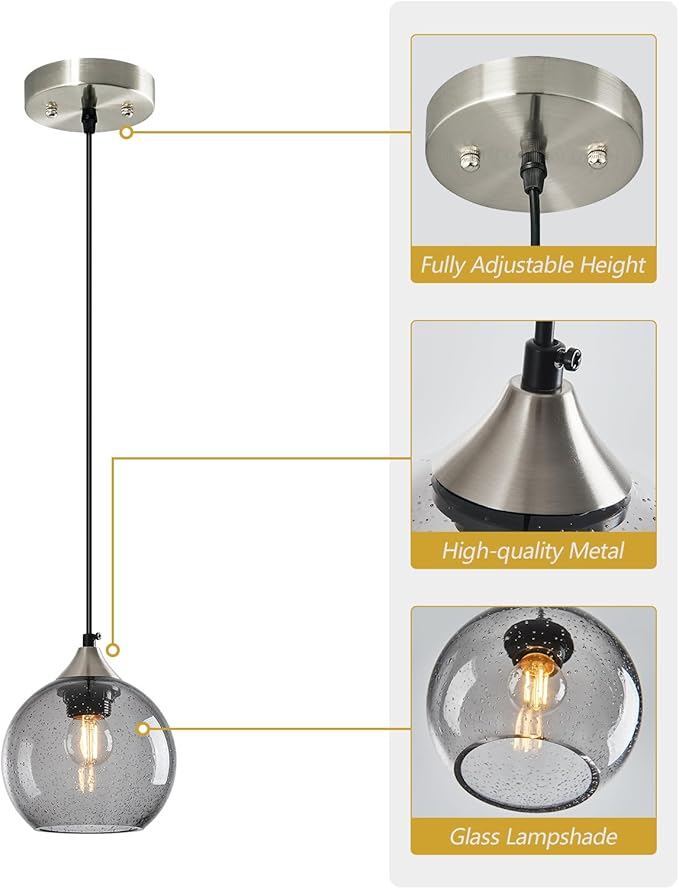 Light Grey Glass Pendant Lights Kitchen Island Globe Pendant Light Fixtures Modern Pendant Lighting for Bedroom Living Dining Room Light Fixture (5.9 in, 3 Pack)