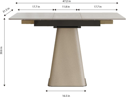 47.2" Retractable Rock Slab Folding Dining Table, Modern Expandable Kitchen Table with Leather-Wrapped Stainless Steel Base, Space Saving Square Dining Table for Small Apartments