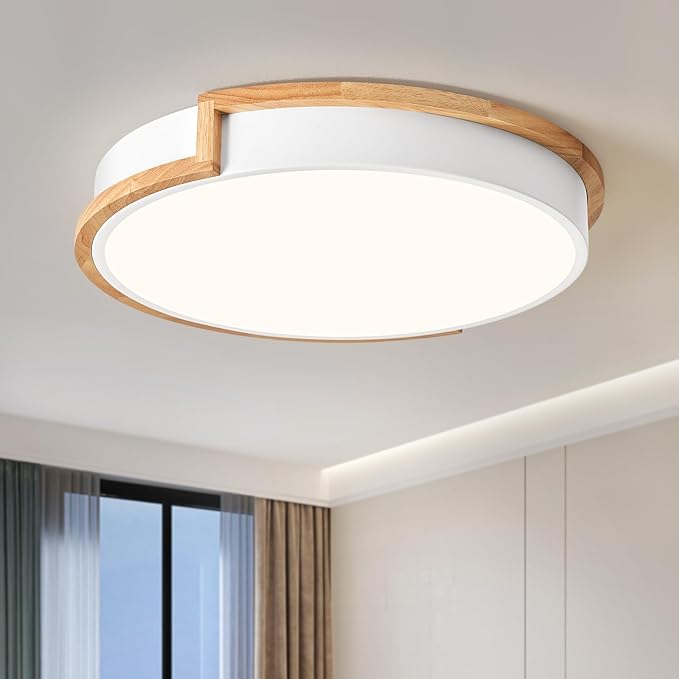 Modern LED Close to Ceiling Light, Round Flush Mount Ceiling Lighting Fixture, Matte White with Wood Accent, Minimalist Kitchen Light Fixtures for Bedroom, Entryway, Living Room, 15.8in