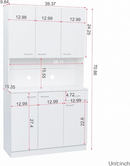 70.87" Tall Kitchen Pantry Storage Cabinet, Freestanding Wood Hutch with 6 Doors, 1 Drawer, with Countertop,Microwave Stand & Food Cupboard, Coffee Bar Organizer for Dining Room,White
