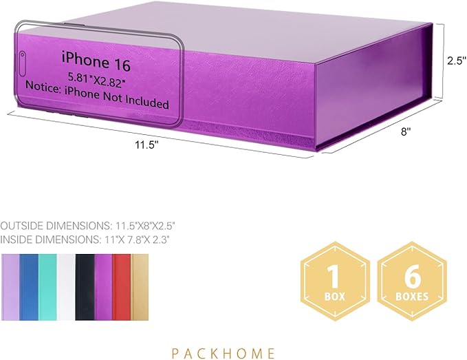 PACKHOME 6 Gift Boxes 11.5x8x2.5 Inches, Sturdy Shirt Boxes with Magnetic Lids for Multiple Occasions (Glossy Light Purple)