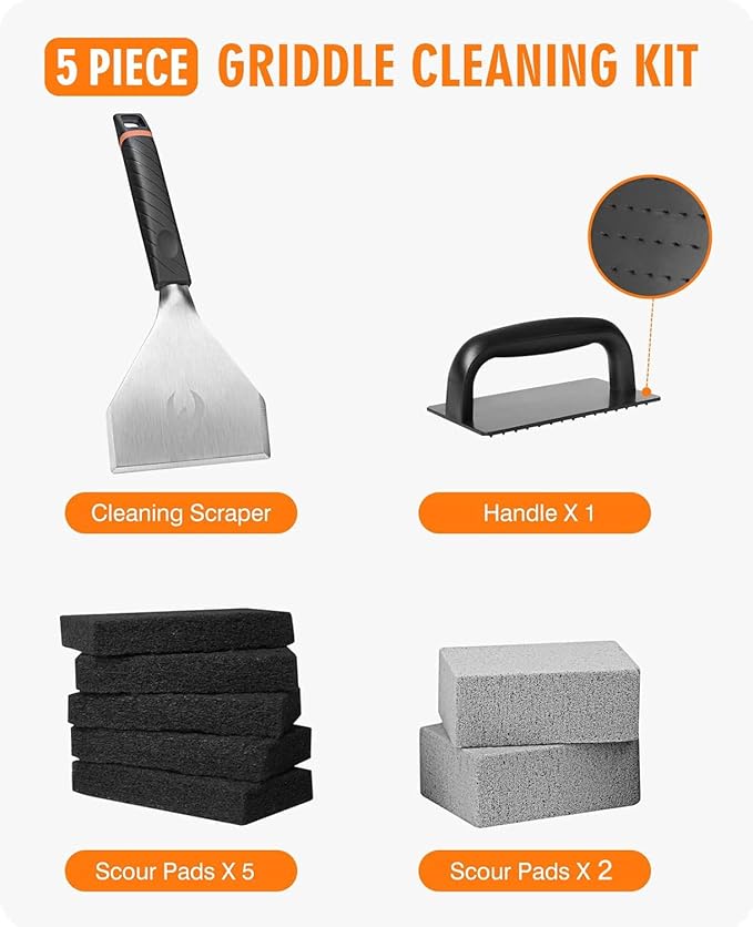 HOMENOTE Griddle Cleaning Kit for Blackstone, Professional Griddle Scraper Kit with Reinforced Heavy Duty Scraper, Bricks, Scouring Pads with Handle 9pcs