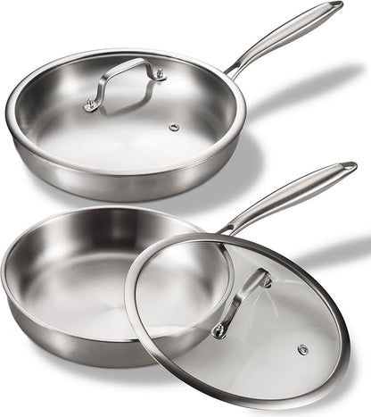 Tri-Ply Stainless Steel Pan Set, PFOA and PTFE-Free Skillet Griddle, Stainless Steel Pan Set with Lid for the Kitchen, Induction-Compatible Cookware Sets, Dishwasher and Oven Safe