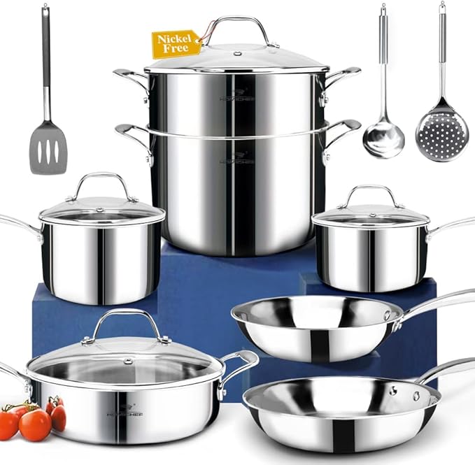 HOMICHEF 14-Piece Nickel Free Stainless Steel Cookware Set Whole-Clad 3-Ply - Mirror Polished Pots And Pans Set - Healthy Cookware Set With Steamer - Non-Toxic Induction Cookware Sets