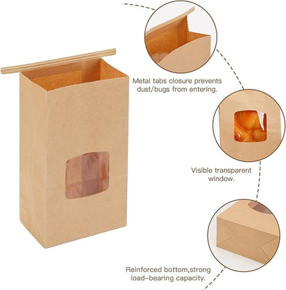 Moretoes 100pcs Small Bakery Cookie Bags with Window, Brown Kraft Paper Bags for Homemade Bread Cookie, 3.5x2.2x6.7in Tin Tie Tab