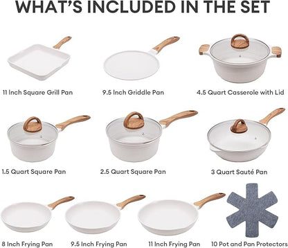 JEETEE 23pcs Pots and Pans Set Non Stick, White Cookware Sets for Kitchen, w/Frying Pans, Saucepans, Sauté & Griddle & Crepe Pan, Induction Cooking Pots (PFOA/PFAS/PFOS Free)