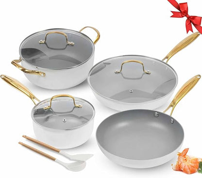 AUDANNE Nonstick Pots and Pans Set 9 Pieces, Non Stick Kitchen Cookware, Cooking Skillets Include Frying Pan with Lid, Saucepan, Casserole, Spoon, Turner Spatula, PFOA Free for Induction, White & Gold