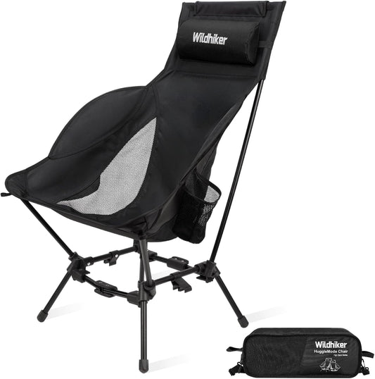 Wildhiker Compact High Back Camping Chair - Foldable with Dual Sitting Modes, Pillow, Arm Pads and Side Pockets - Lightweight Portable Chair for Motorcycle, RV, Festival, Travel - Black