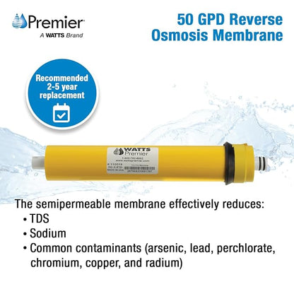 Watts Premier RO Water Filter 50 GPD (Gallons Per Day) Semi-Permeable Membrane Replacement for Premier Standard Reverse Osmosis System, Yellow, Built-In Check Valve, 1.8" Dia x 10.75" L, 1-Pack