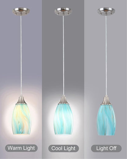 Mini Pendant Light,Handcrafted Art Glass Pendant Lighting Shade with Brushed Nickel Finished Teal Glass Ceiling Hanging lamp Adjustable Cord for Kitchen Island,Hallway,Dining Room
