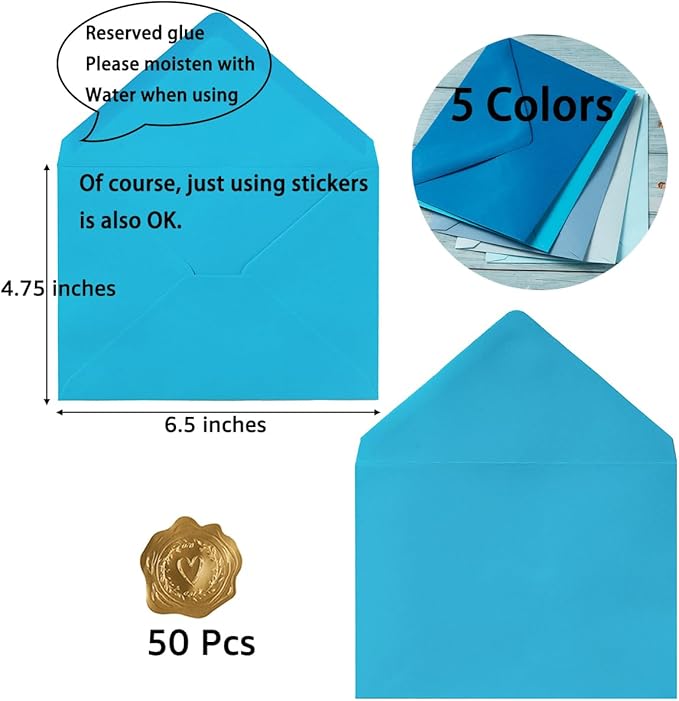 50 Pack Colored A6 Invitation Envelopes 4x6 with Gold Stickers for Cards and Invitations, 5 Colors (Blue, 6 1/2 x 4 3/4 inches)