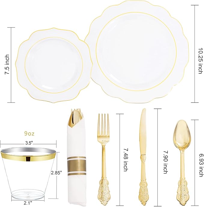 NOCCUR 50Guest Gold Rim Clear Plastic Plates&Disposable Silverware Cups-Include 100Plastic Plates, 150Gold Utensils, 50Cups and 50Napkins-Idea for Wedding/Fall Party/Thanksgiving