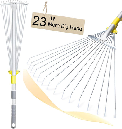 JARDINEER Adjustable Rakes for Leaves, Larger Garden Leaf Rake for Lawns Grass with 7-23" Expandable Head, Yard Collapsible Rake for Camping (64 inches)