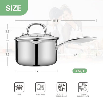 3.5 Quart Stainless Steel Pot Saucepan with Glass Strainer Lid, Sauce Pot with Two Side Spouts, Induction Cooking Pot, Multipurpose Sauce Pan with Lid for Cooking(Tri-Ply Full Body)