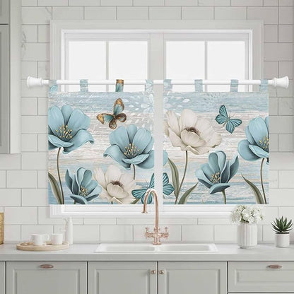 Spring Floral Kitchen Curtains 36 Inch Length, Small Window Curtains Tab Top, Vintage Tulips Flower Butterfly Retro Wood Blue Light Filtering Short Window Treatments Tier Drapes 27.5"x36" 2 Panel