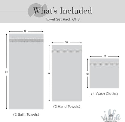 100% Combed Cotton Bathroom Towel Set of 8- 2 Bath Towels, 2 Hand Towels, 4 Wash Cloths, Sustainable, Soft, Highly Absorbent 8 Piece Cotton Bath Towel Set Ideal for Hotels, Spa, Bathroom, Dorm, Grey