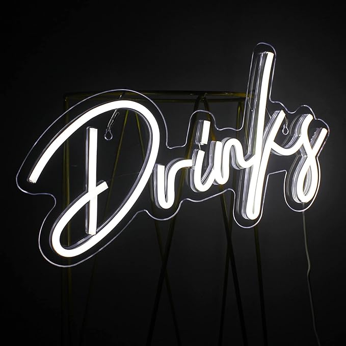 Looklight Drinks Neon Sign,Bar Neon Sign,Neon Signs for Wall Decor,Neon Sign For Room,White Neon Light Sign Led Neon Bar Signs USB Connectivity Light Up Wall Decor for Teen Room Bedroom Bar Store