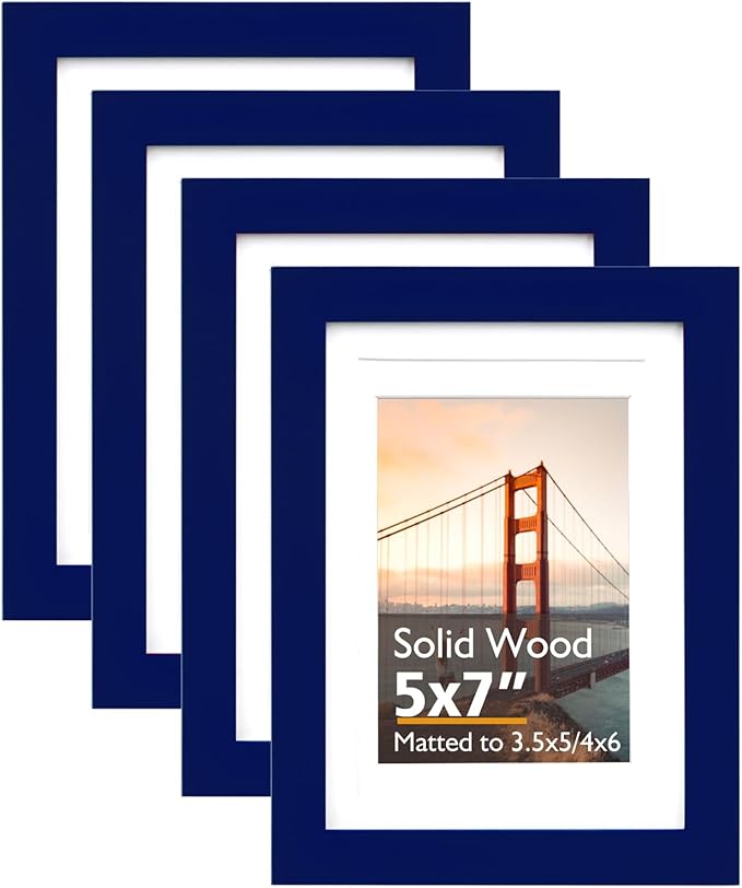 KINLINK 5x7 Picture Frame Navy, Solid Wood Frames with Acrylic Plexiglass for 3.5x5/4x6 with Mat or 5x7 without Mat, Tabletop and Wall Display Photo Frame Set of 4
