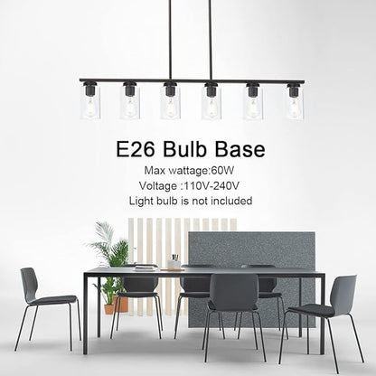 6-Light Kitchen Island Lighting Fixtures, Clear Glass Farmhouse Pendant Lights Hanging Chandelier in Oil Rubbed Bronze for Dining Room Table Cafe Bar