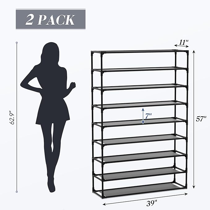 TY ARTS & CULTURE 2 Pack 9-Tiers Shoe Rack Organizer, Sturdy Metal Pipes & Durable Non-Woven Fabric, Space Saving Tall Shoe Shelf Hold 72-90 Pairs, Shoe Rack for Entryway (Black)