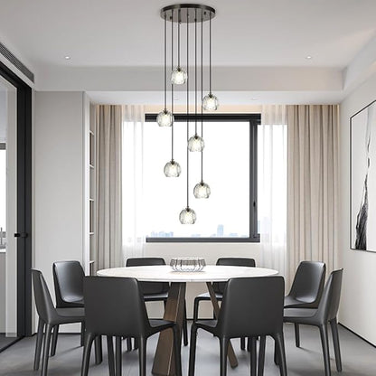 7 Lights Cluster Pendant Light, Brushed Black Modern Crystal Entryway Chandelier, High Ceiling Foyer Pendant Hanging Light Fixture for Staircase Dining Room