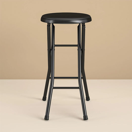 Folding Metal Stool, Black - Heavy-Duty, Compact & Portable, Stackable for Home, Garage & Workshop Use